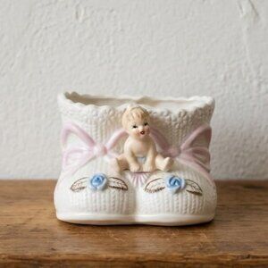 Vintage Napcoware 66388 Baby Bootie Planter Pink Bow Blue Rose Ceramic MCM Japan